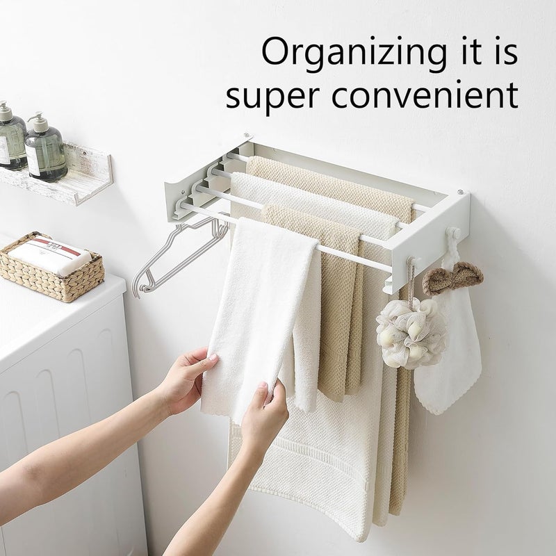 RFOUO Clothes Drying Rack, Laundry Hanger Dryer Rack, Wall Mounted Drying Rack for Laundry, Foldable Drying Rack Indoor Outdoor,19.7" Wide,4 Aluminum Rods with Hooks, 40 lb Capacity (White 19.7" Hooks) - Image 4